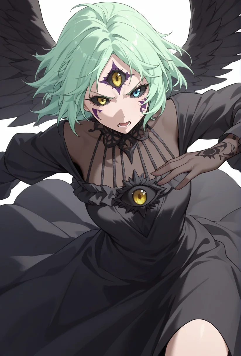 Smooth Quality,masterpiece,very intricate, high quality details, ultra realistic, high detailed skin,detailed enviorement,absurdres,
simple background, white background,solo,angry, 
dynamic angle,dancing, 
torogao,
 <lora:Mjurran_cnn:0.7> mjurrancnn, demjurrancnn,1girl, short hair, + long hair, green hair, yellow eyes, blue eyes, facial mark, colored sclera, black sclera, heterochromia, third eye, extra eyes,
black dress, floating, multiple wings, black wings,