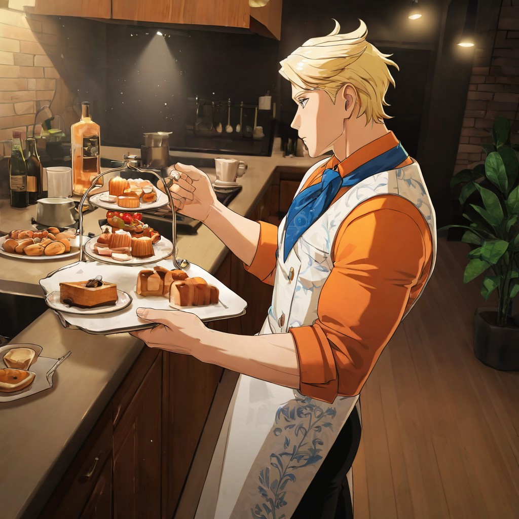 1boy, male focus, muscular, bunet,blonde hair,blue eyes,muscular male,manly,handsome, cooking casual_outfit, orange shirt, shirt, neckerchief, blue neckerchief, white vest, vest, white apron, apron, black pants
BREAK
indoors, kitchen, kitchen counter, pastries, cakes, coffee table, donuts, drinks, plant, wine bottle, full room, lights,
BREAK
cinematic, dynamic pose, dynamic angle, natural lighting, bloom, subsurface scattering, volumetric lighting, side view, light particles, lively, bright room, from above, blue shadows, bright light illuminating from outside, chiaroscuro, high contrast, dramatic lighting, very awa, masterpiece, best quality, absurdres, newest, perfect quality, detailed background, intricate details, (chiizu_namasu:0.8), (zhuowang233:0.8), (balnom:0.6) (aixiwuganda \(20222192\):0.8)