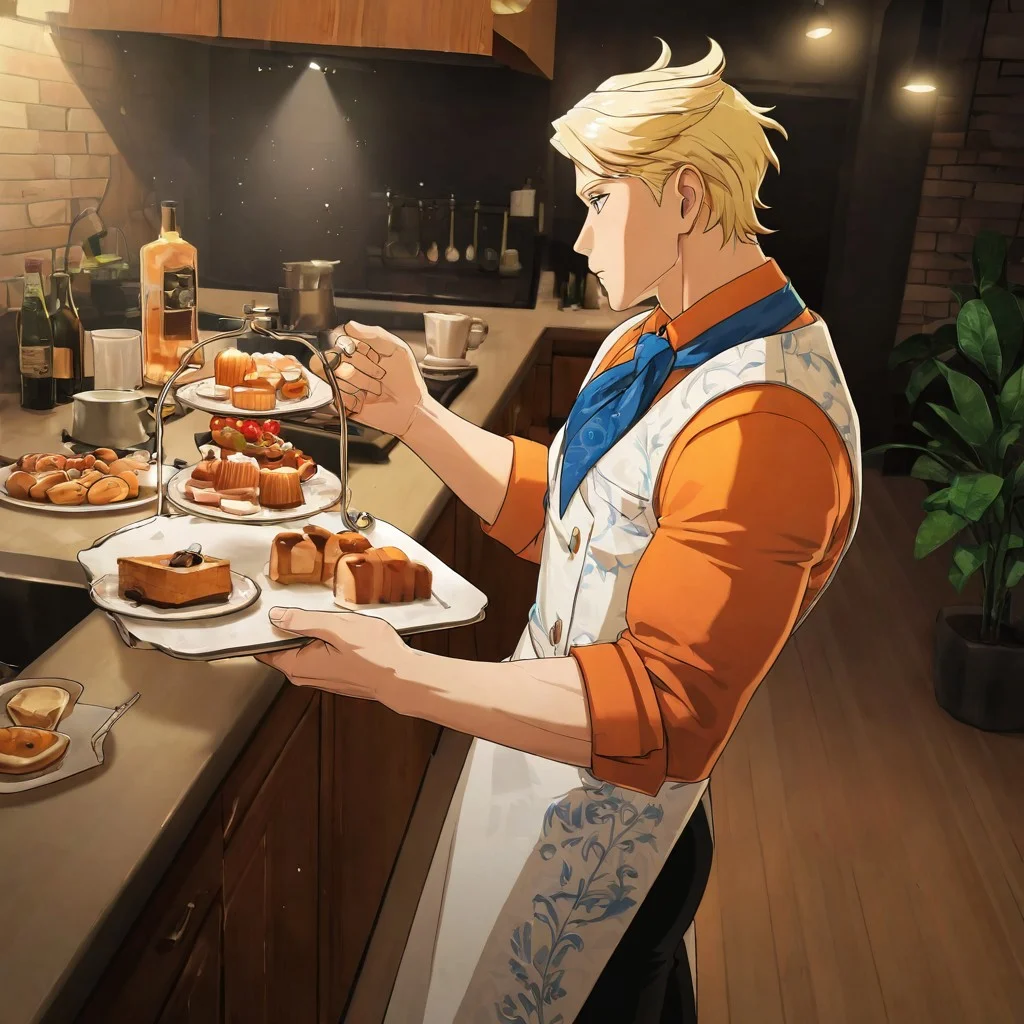 1boy, male focus, muscular, bunet,blonde hair,blue eyes,muscular male,manly,handsome, cooking casual_outfit, orange shirt, shirt, neckerchief, blue neckerchief, white vest, vest, white apron, apron, black pants
BREAK
indoors, kitchen, kitchen counter, pastries, cakes, coffee table, donuts, drinks, plant, wine bottle, full room, lights,
BREAK
cinematic, dynamic pose, dynamic angle, natural lighting, bloom, subsurface scattering, volumetric lighting, side view, light particles, lively, bright room, from above, blue shadows, bright light illuminating from outside, chiaroscuro, high contrast, dramatic lighting, very awa, masterpiece, best quality, absurdres, newest, perfect quality, detailed background, intricate details, (chiizu_namasu:0.8), (zhuowang233:0.8), (balnom:0.6) (aixiwuganda \(20222192\):0.8)