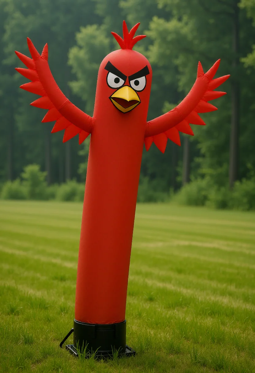 <lora:Wacky_Waving_Inflatable_Arm_Flux_Man-000009:0.9> 
The image is a photograph of a very tall, inflatable red angry bird with wavy raised wings in a grassy setting.