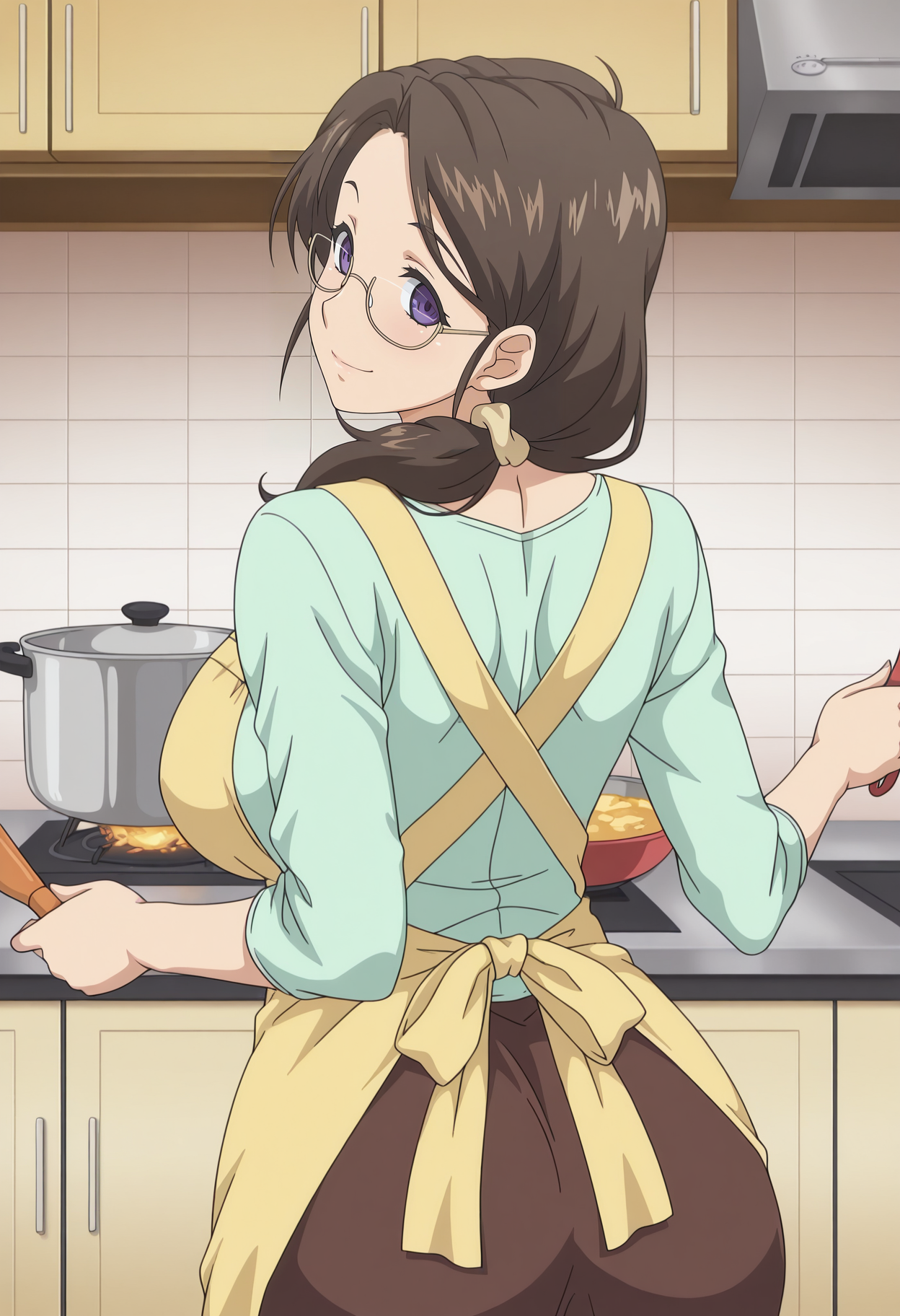 1girl,solo,mm,mature female,long hair,glasses,brown hair,purple eyes,large breasts,anime coloring,
shirt,skirt,apron,back,from behind, kitchen, cooking, looking back, looking at viewer, smile,
,masterpiece,best quality,amazing quality,<lora:Mamiya_Mifuyu_-_Kyonyuu_Kazoku_Saimin-IL:0.8>