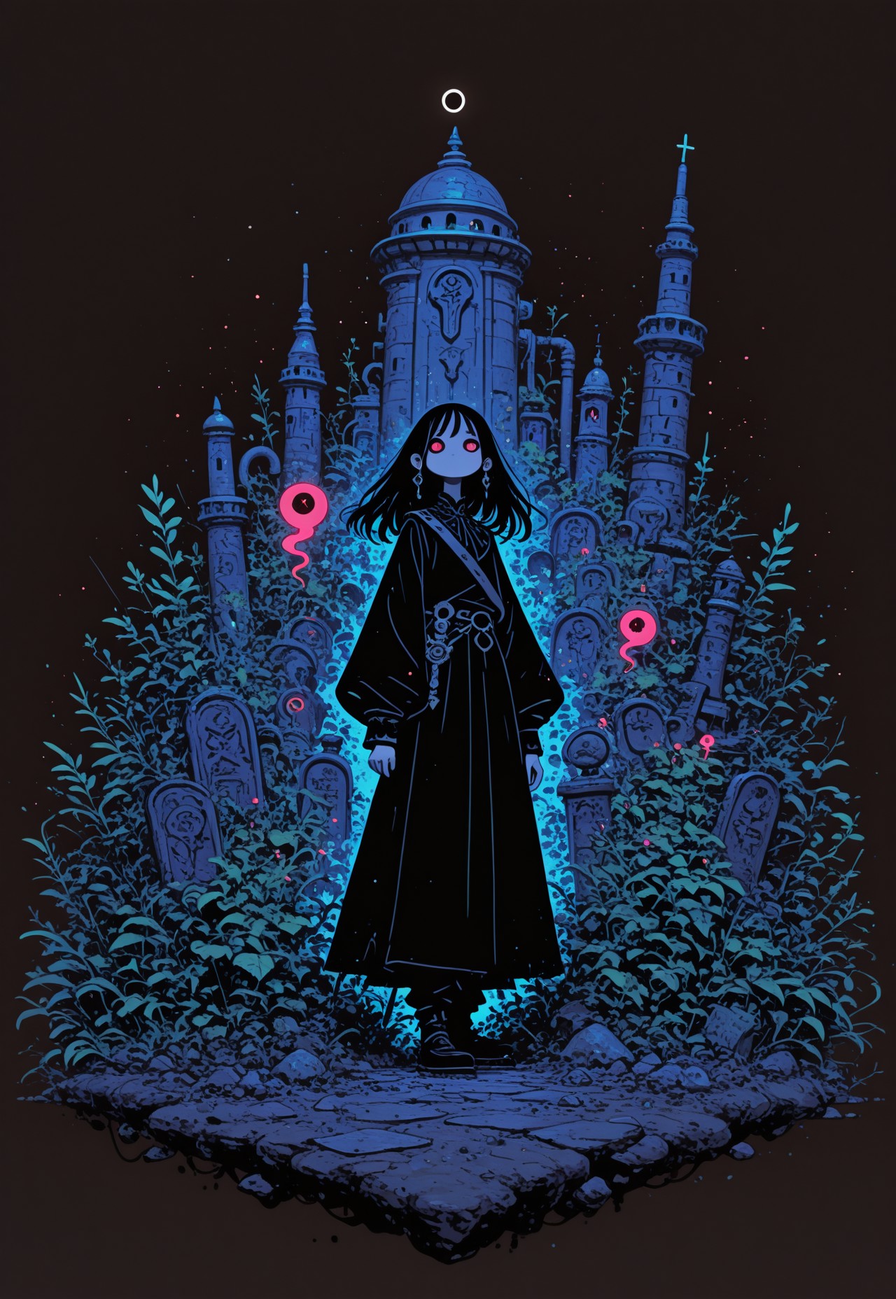 highres, very detailed, amazing quality, masterpiece,
very aesthetic, RBL-Illu, Flatline, Flat vector illustration,
particle effect, Cinematic, (flat lighting, flat color, flat design, no lineart:1),
In center of the picture a mage in renaissance clothes holding up black circle in bold lines intersected by a thick lines, Gnostic symbols, symmetrical, In the background: An enormous city sprawl with stone towers reaching for the stars, Under the Gods that rules the Human civilization, bright sunlight under a pitch black sky. in the front a mysterious woman, slick clothes with long sleeves and wide pants,(secretive face, long hair, pale skin)