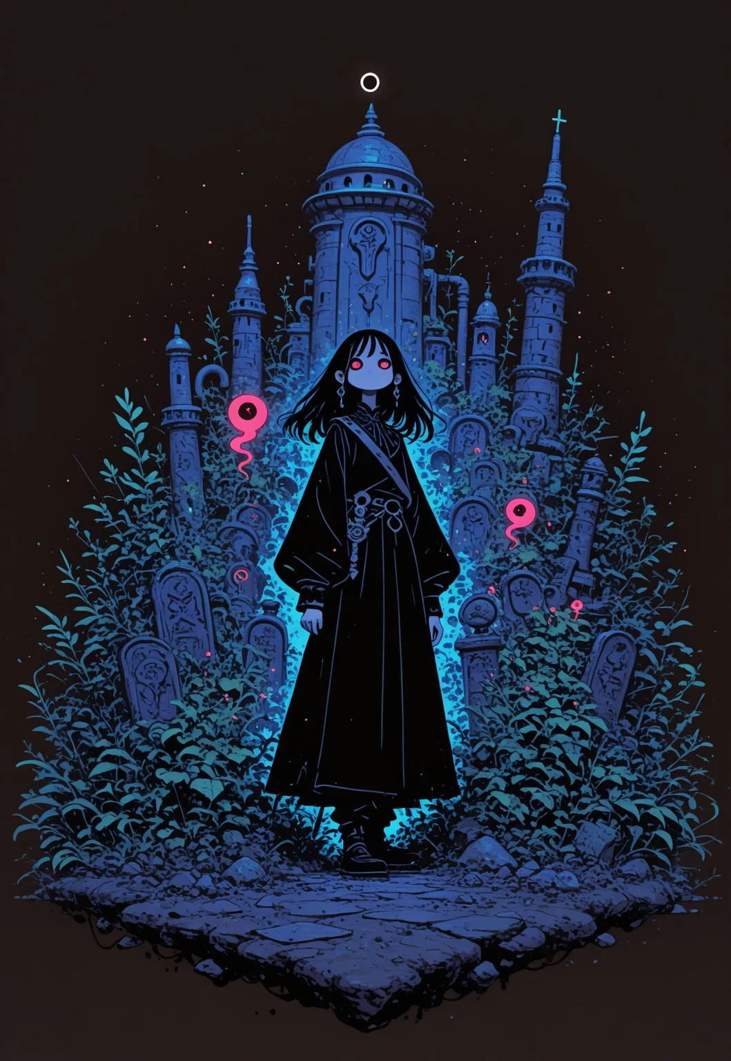 highres, very detailed, amazing quality, masterpiece,
very aesthetic, RBL-Illu, Flatline, Flat vector illustration,
particle effect, Cinematic, (flat lighting, flat color, flat design, no lineart:1),
In center of the picture a mage in renaissance clothes holding up black circle in bold lines intersected by a thick lines, Gnostic symbols, symmetrical, In the background: An enormous city sprawl with stone towers reaching for the stars, Under the Gods that rules the Human civilization, bright sunlight under a pitch black sky. in the front a mysterious woman, slick clothes with long sleeves and wide pants,(secretive face, long hair, pale skin)