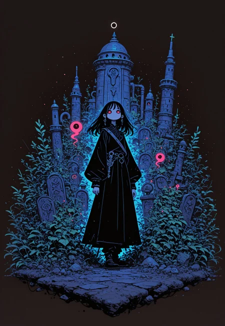 highres, very detailed, amazing quality, masterpiece,
very aesthetic, RBL-Illu, Flatline, Flat vector illustration,
particle effect, Cinematic, (flat lighting, flat color, flat design, no lineart:1),
In center of the picture a mage in renaissance clothes holding up black circle in bold lines intersected by a thick lines, Gnostic symbols, symmetrical, In the background: An enormous city sprawl with stone towers reaching for the stars, Under the Gods that rules the Human civilization, bright sunlight under a pitch black sky. in the front a mysterious woman, slick clothes with long sleeves and wide pants,(secretive face, long hair, pale skin)