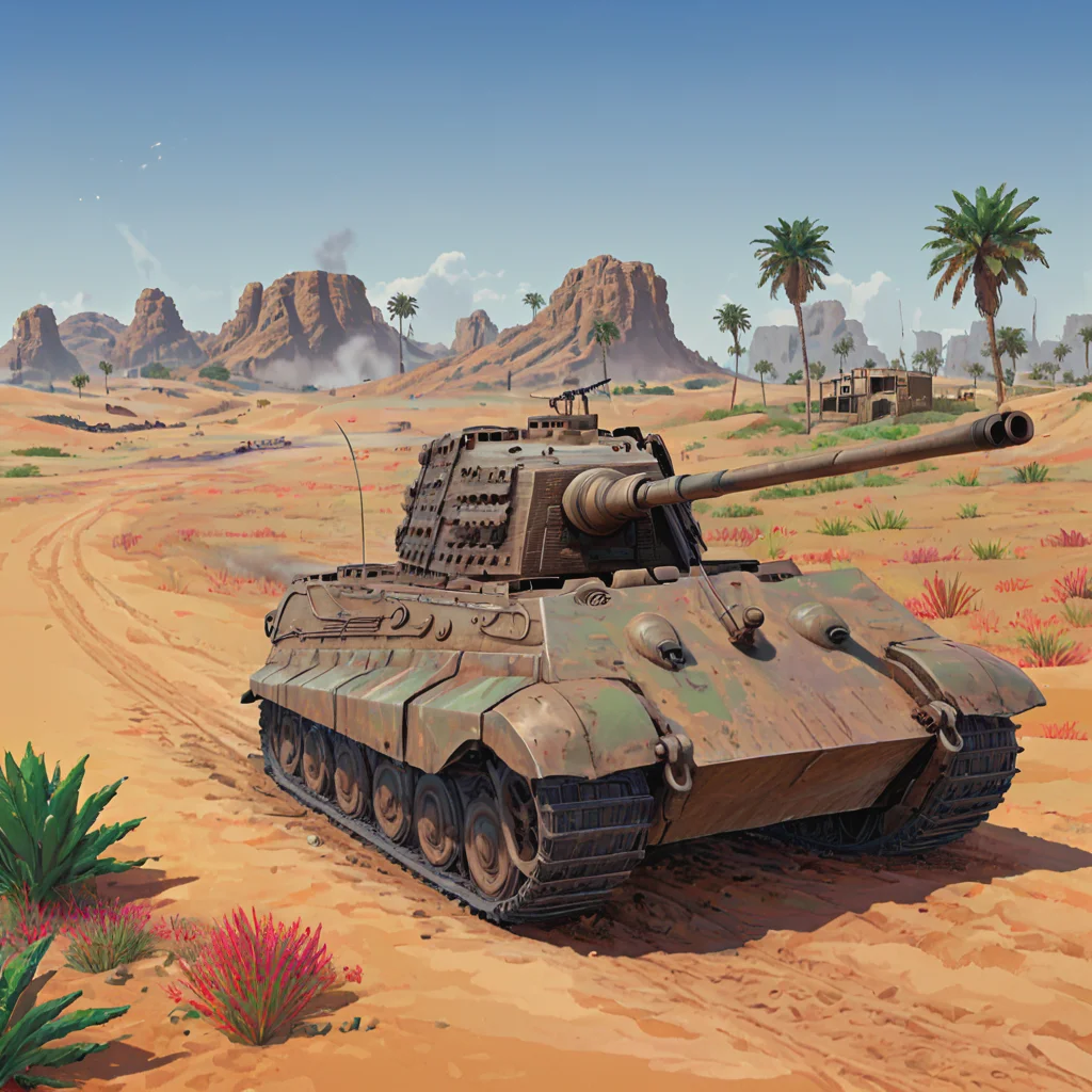 a kngtgrtnk tank is driving through the north african desert along a coastal road passing camel drivers and a small oasis, ((pulp_comic, heavy_lines, hand_drawn, hand_inked, hand_colored, apxlz))