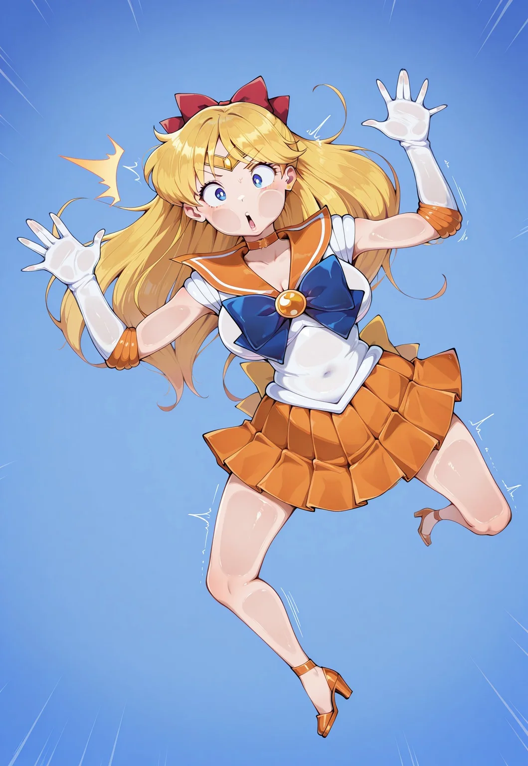 ,masterpiece,extremely detailed,best quality,amazing quality,newest,absurdres,highres, super detailed skin,1 girl, sailor venus,aino minako,elbow gloves,back bow,red bow,circlet,gloves,,long hair,pleated skirt,blue eyes,blonde hair,white gloves,orange skirt,hair orange choker,solo,orange sailor collar,paper thin, flattened girl, flattened, surprised, screenko, full_body,(dynamic angle:1.1), blue_background