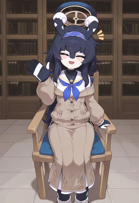masterpiece, curly ears, stubby tail, dark blue skin, ui kozeki(blue archive), clothed, waving at viewer, smiling, sitting in chair, library background,