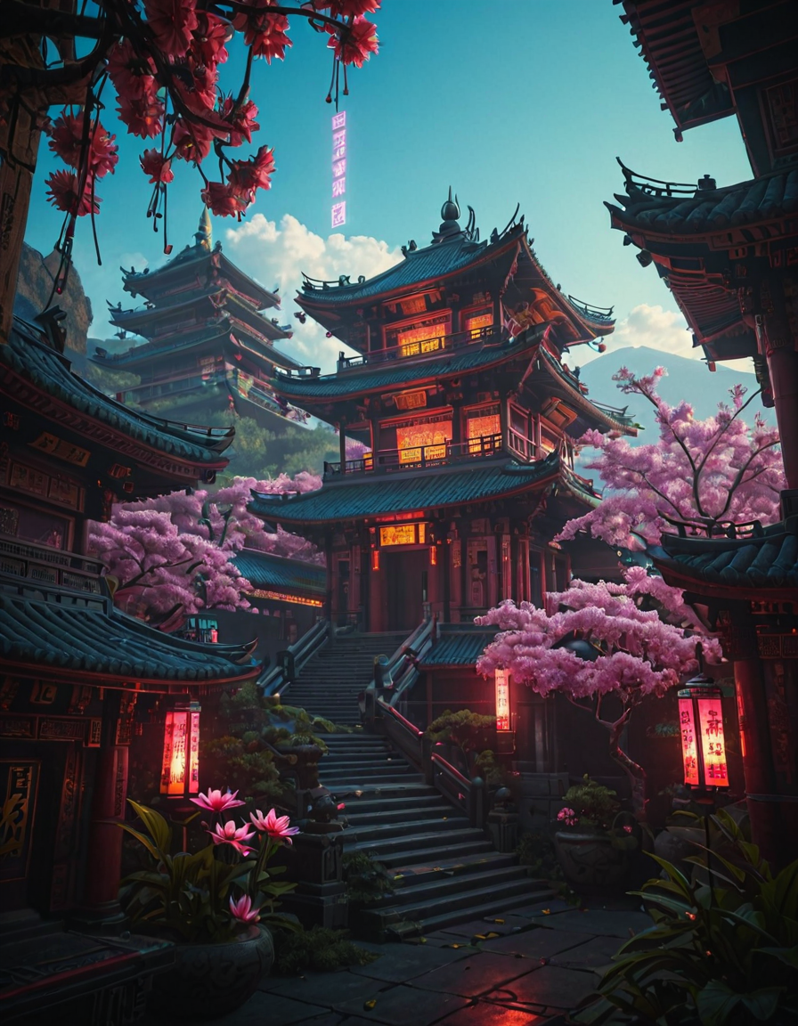 <lora:Cyberpunk_Temples_illd:0.8> ct_ill, cyberpunk asian temple, neons, cherry blossom, glowing kanji, blue sky, sunny day, glowing flowers, vegetation, on a mountain, stairs, tree, sea