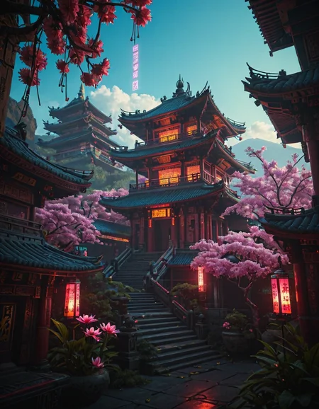 <lora:Cyberpunk_Temples_illd:0.8> ct_ill, cyberpunk asian temple, neons, cherry blossom, glowing kanji, blue sky, sunny day, glowing flowers, vegetation, on a mountain, stairs, tree, sea