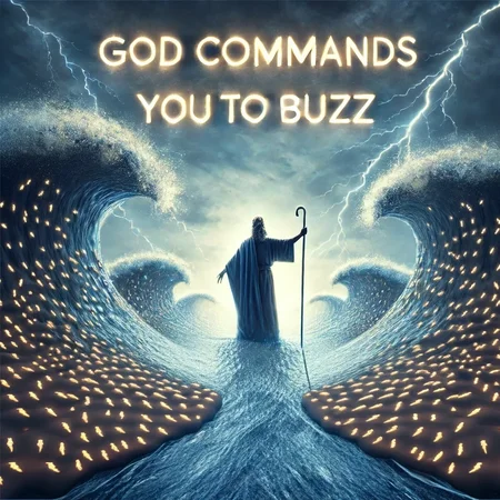 A surreal and highly detailed scene of Moses parting the sea, where the right side of the sea is composed of a multitude of simple blue thunderbolt icons and the left side of the sea is composed of a multitude of simple yellow thunderbolt icons. Moses stands at the center, holding a staff, in a commanding and powerful pose. Above in the dramatic sky, bold and refined glowing letters spell out 'God Commands You to BUZZ' with elegant clarity. The atmosphere is awe-inspiring, with a divine and majestic aura, and the thunderbolt icons dominate the sea on both sides.
