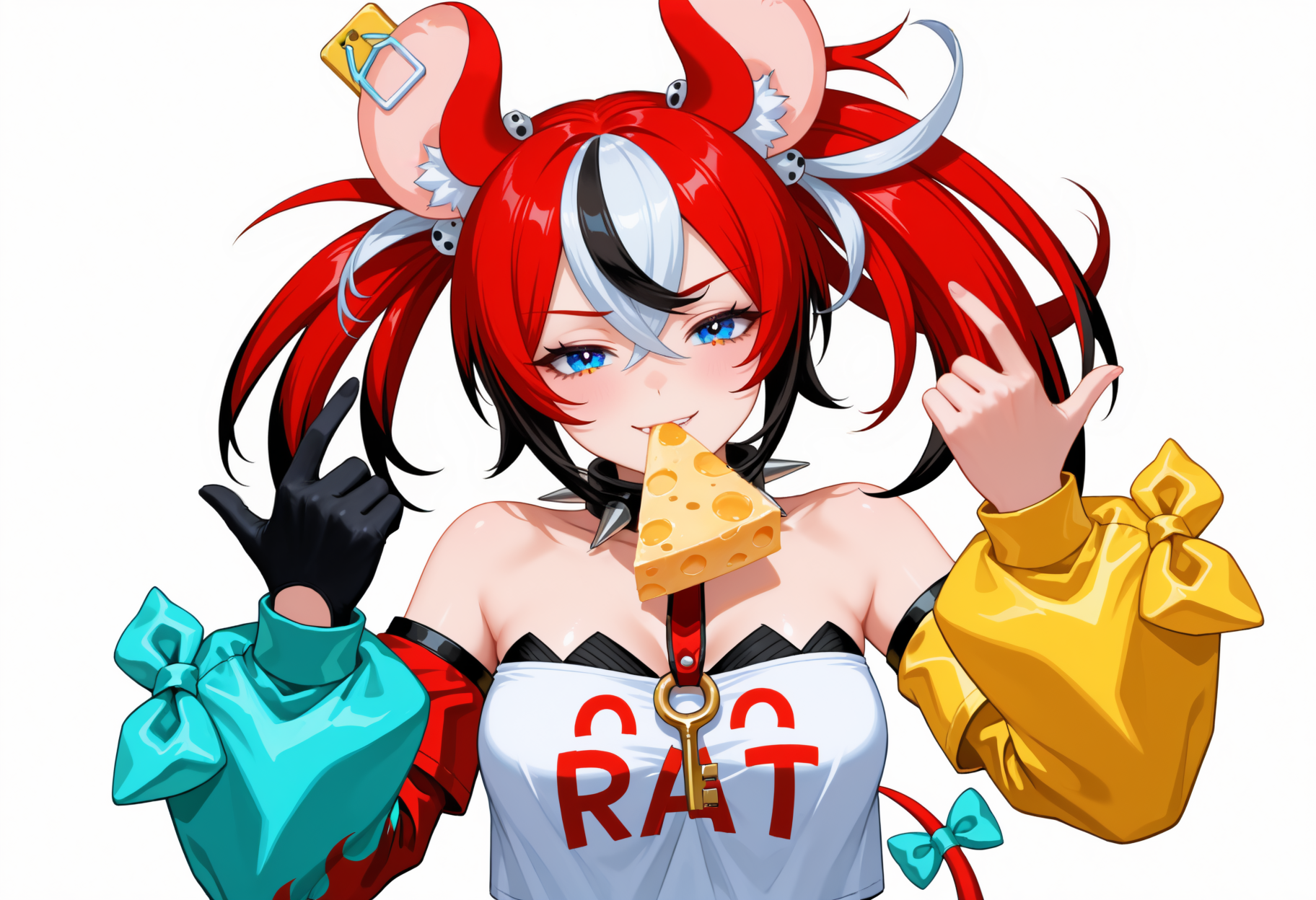 masterpiece, best quality, high quality, hakaridance, simple background, white background,
<lora:ChamHakosBaelzNoob:0.9> B4elzDef, blue eyes, multicolored hair, red hair, white hair, black hair, uneven twintails, dice hair ornament, animal ears, tail, tail ornament, spiked collar, key necklace, strapless shirt, white shirt, clothes writing, detached sleeves, asymmetrical sleeves, two-tone sleeve, yellow sleeve, single glove, black glove,
upper body, half-closed eyes, looking at viewer, smile, smirk, hands up, food in mouth, cheese,  <lora:hakari_dance-14-Noob-EPS1.1-FUCK-THE-FP16:1>