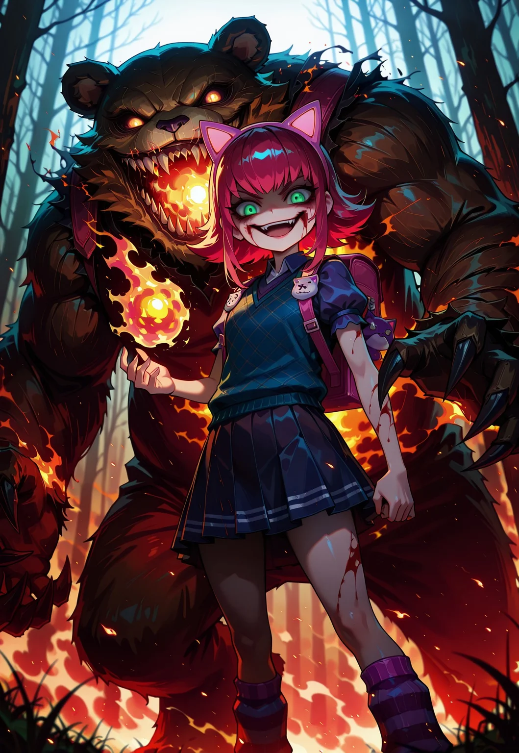 masterpiece, best quality, 1girl, lolannie, tibbers, bear, fake cat ears, hairband, school uniform, undershirt, sweater vest, skirt, striped legwear, fake cat ears, hairband, school uniform, backpack, undershirt, sweater vest, skirt, striped legwear, oversized animal, looking at viewer, evil smile, open mouth, fireball, fire magic, blood,
Dark forest, league of legends, scaryonm, scary, ominous, horrifying, creepy,
absurdres, volumetric lighting, high res, very aesthetic, anime coloring,