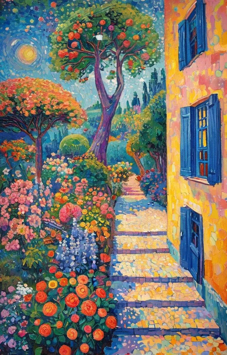 masterpiece,best quality,<lora:tbh130-sdxl:0.7>,spaceship in flower garden,illustration,oil painting,style of Paul Signac,