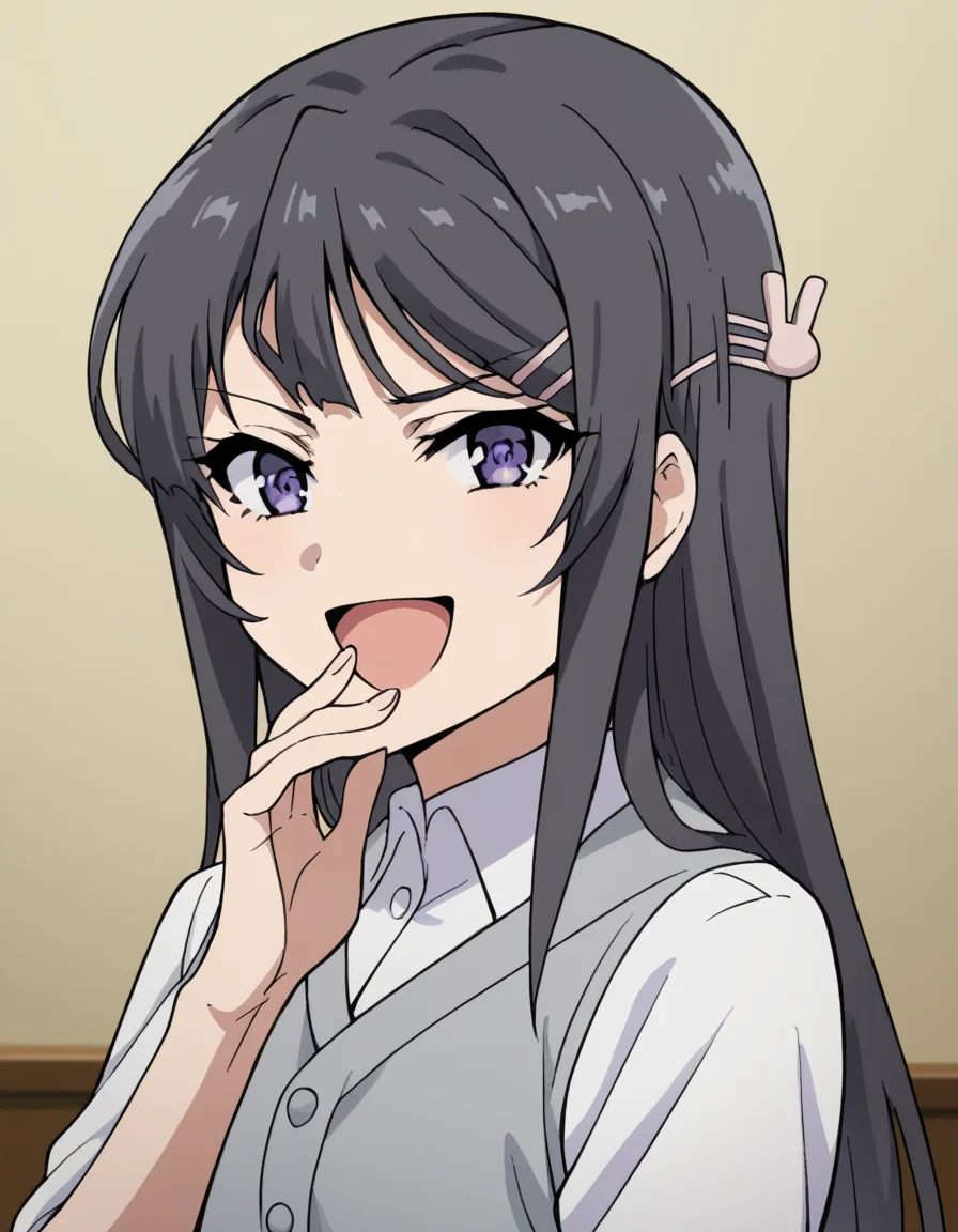 score_9, score_8_up, score_7_up, source_anime, maisakurajima, <lora:mai-sakurajima-s1-ponyxl-lora-nochekaiser:1> mai sakurajima, long hair, bangs, black hair, hair ornament, purple eyes, hairclip, rabbit hair ornament,, <lora:ojou-sama-pose-ponyxl-lora-nochekaiser:1>, ojou-sama pose, laughing, smug, hand to own mouth, open mouth,, indoors, smile,, cowboy shot, dutch angle, looking at viewer,
