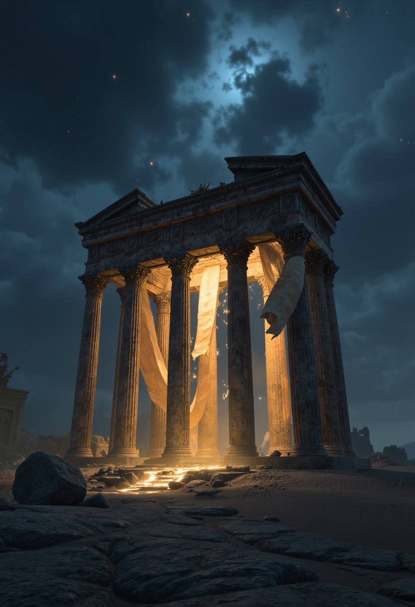 An ancient marble temple stands alone in a desert of black sand. Between its crumbling pillars, golden scrolls hover, their pages turning as if guided by invisible hands. A storm gathers in the distance, but the sky above the temple remains frozen in time, illuminated by stars that do not belong to this world.
, aidmabaldursgate3, aidmafluxpro1.1