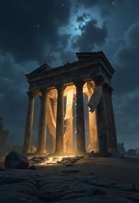 An ancient marble temple stands alone in a desert of black sand. Between its crumbling pillars, golden scrolls hover, their pages turning as if guided by invisible hands. A storm gathers in the distance, but the sky above the temple remains frozen in time, illuminated by stars that do not belong to this world.
, aidmabaldursgate3, aidmafluxpro1.1