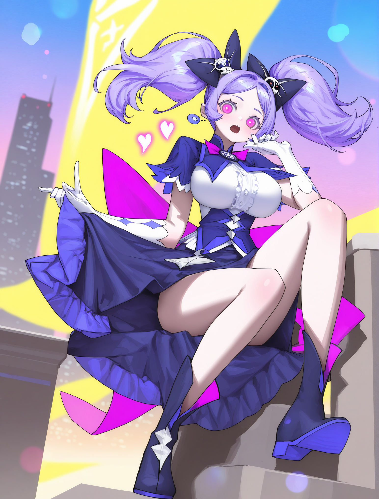 1girl,Lanmei haoxiongdi,<lora:lanmeinoob-000014:1>,
character focus,(artist:reoen:0.826446),(artist:ningen_mame:0.9),twintails,purple hair,pink eyes,solo,perfect face,bedutiful eyes,magical girl,bow,gloves,white gloves,boots,purple bow,dress,skull hair ornament,looking at viewer,hair ornament,large breasts,black bow,black footwear,hair bow,heart,dress,
day,looking at viewer,open mouth,outdoors,sky,city,night,building,ccity,city lights,cityscape,depth of field,evening,gradient sky,lens flare,rooftop,sky,skyline,skyscraper,
newest,masterpiece,best quality,highres,absurdres,