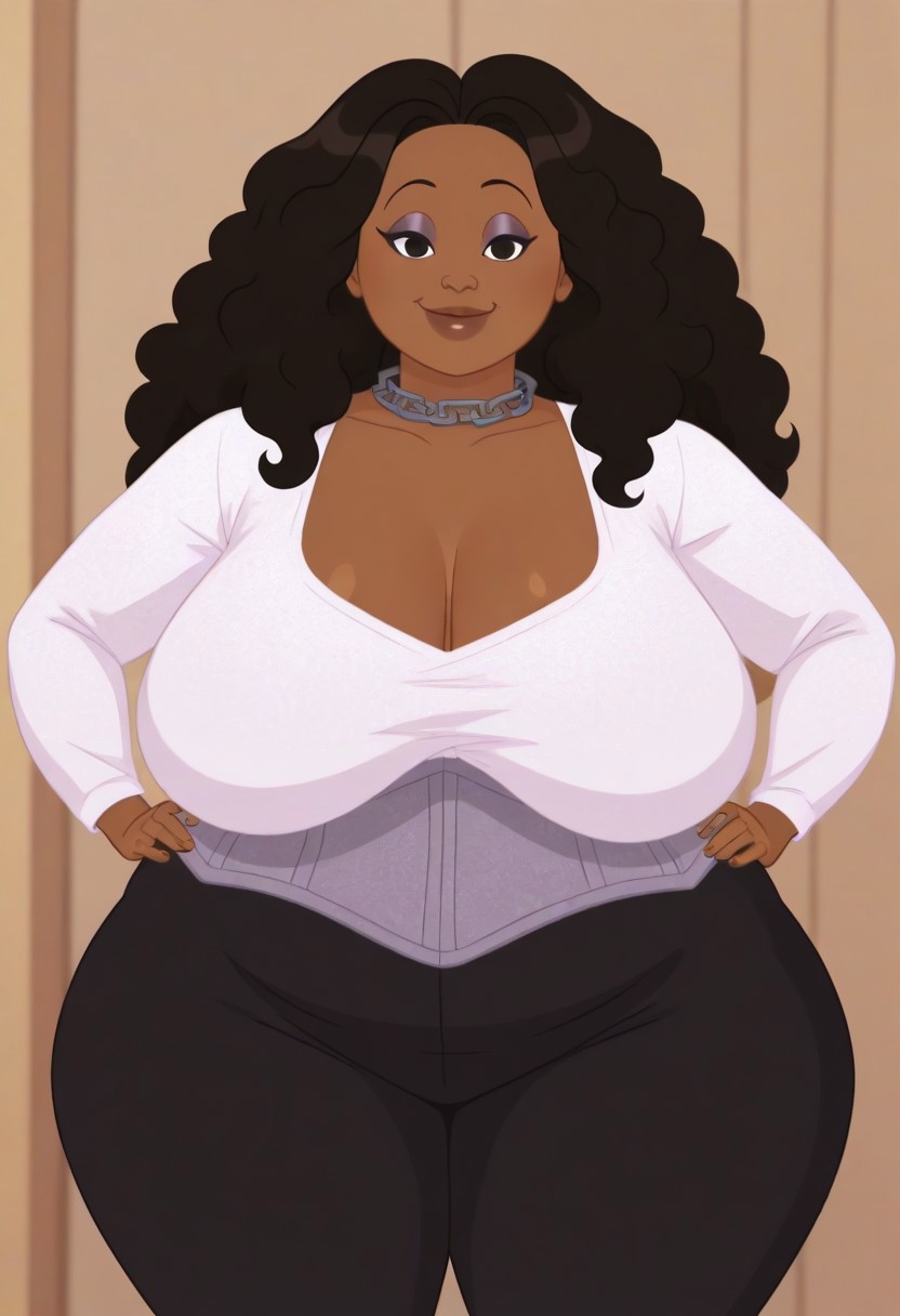 show accurate,,looking at viewer,show accurate,The Proud Family  style, 1girl, standing,long hair,curled hair,
hyper breasts,gigantic breasts,sagging breasts,chubby belly,
huge breasts, dark skin,bbw,huge breasts,huge hips,huge thighs
white shirt with glitter,corset,black pants,,  eyeshadow
lipstick,chain collar
hands on hips,smile
upper body,portrait,face focus