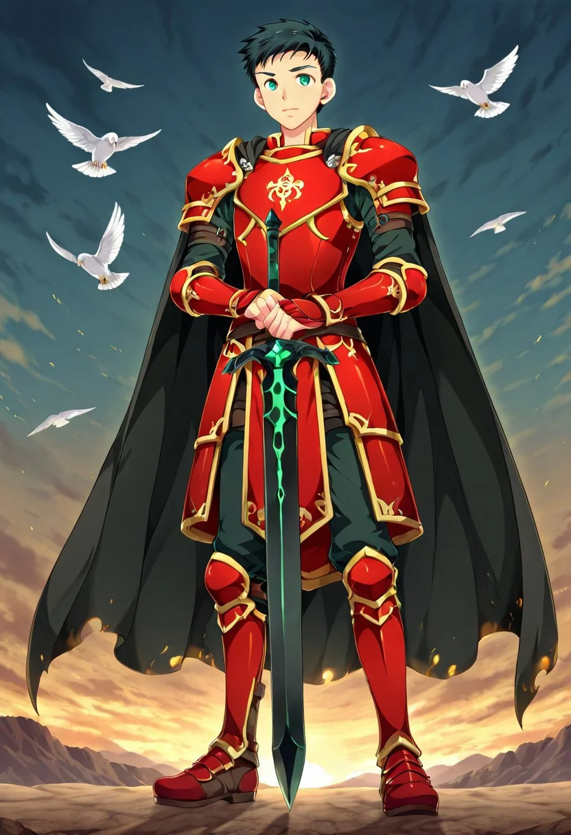 yuto_umemura, black hair, short hair, mint green eyes, he is dressed in a suit of dark iron platemail. Break. he is holding up a black coloured sword. Properly holding the sword by the hilt, his armour bears a crest of a yellow dove. fantasy armour. stylized silver dove emblems and symbols on armour and sheild. Break. epic background is a a beautiful palace. a strong wind is blowing his cape, red armour