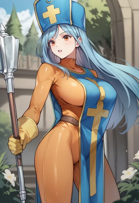 score_9, score_8_up, score_7_up, score_6_up, score_5_up, score_4_up, masterpiece, best quality, BREAK,
1girl, outdoors, <lora:Priest_dq3:1> priest_(dq3), long hair, large breasts, aqua hair female, mitre, hat, orange bodysuit, gloves, tabard, mace