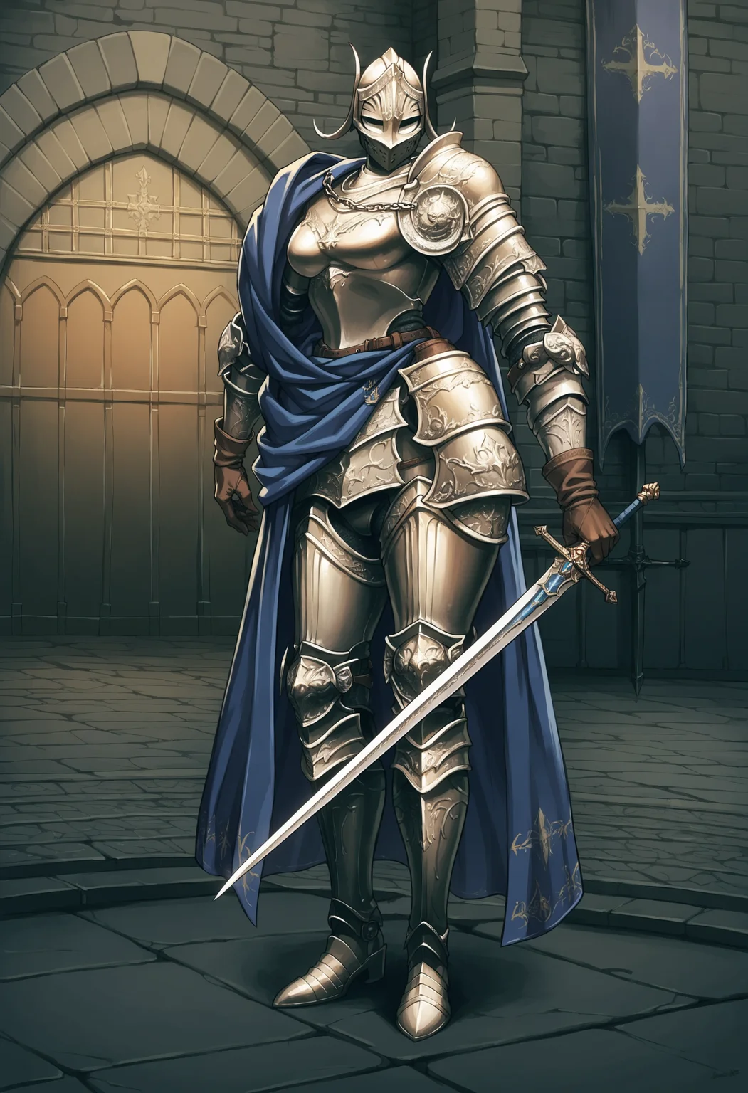 score_9, score_8_up, score_7_up, score_6_up, score_5_up, score_4_up, <lora:Rellana:0.7> 1girl, breasts, thick thighs, armor, full armor, shoulder armor, helmet, gauntlets, knight, knight boots, faceless, cape, holding, swords, looking at viewer,
castle background, wall,