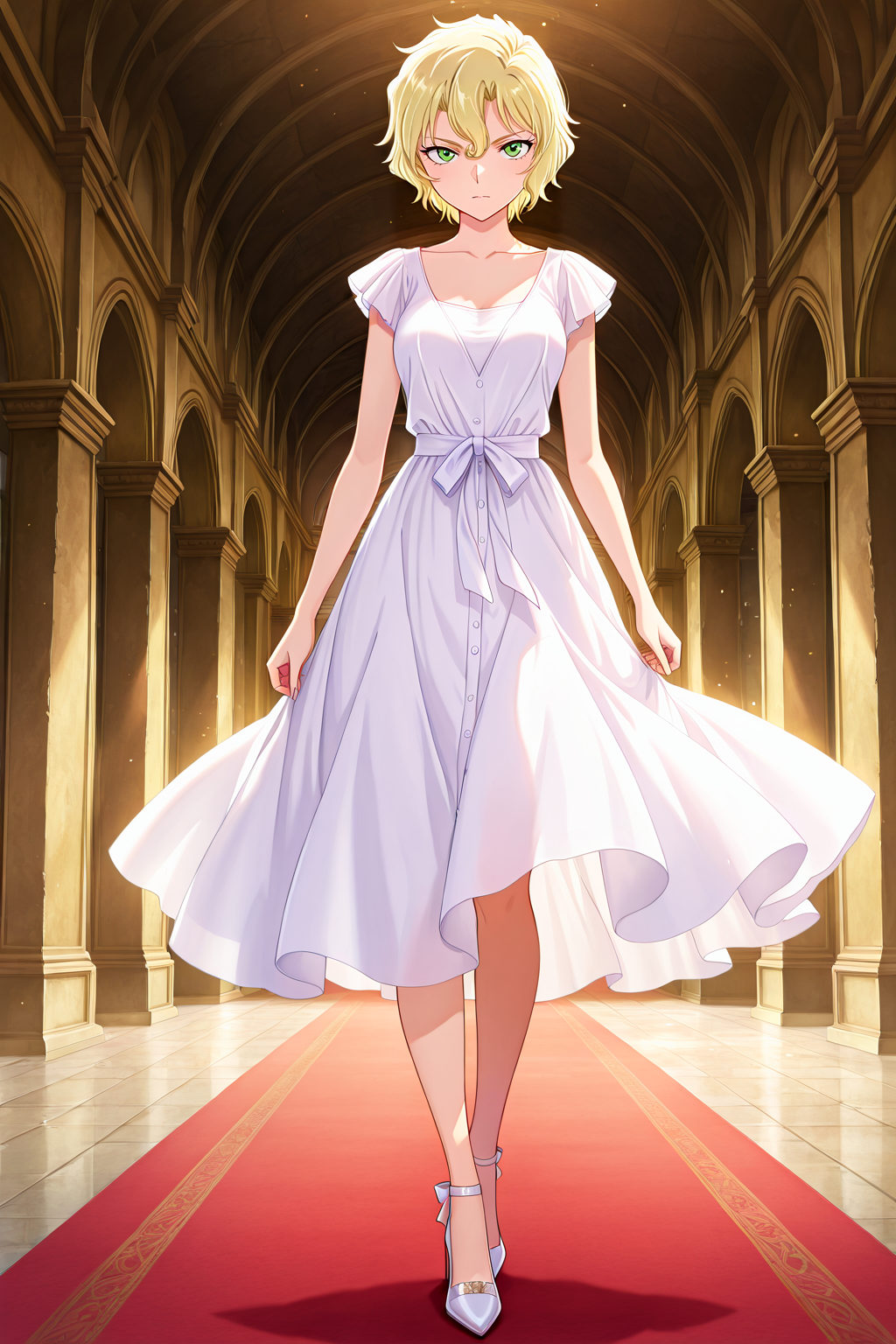 front view,
1girl,looking at viewer,full body,standing,high heels,
Best quality,masterpiece,soft light,official art,high quality,highres,absurdres,epic scene,natural textures,<lora:Mary Sera IL V3:1>,mary sera,blonde hair,short hair,green eyes,white dress,
