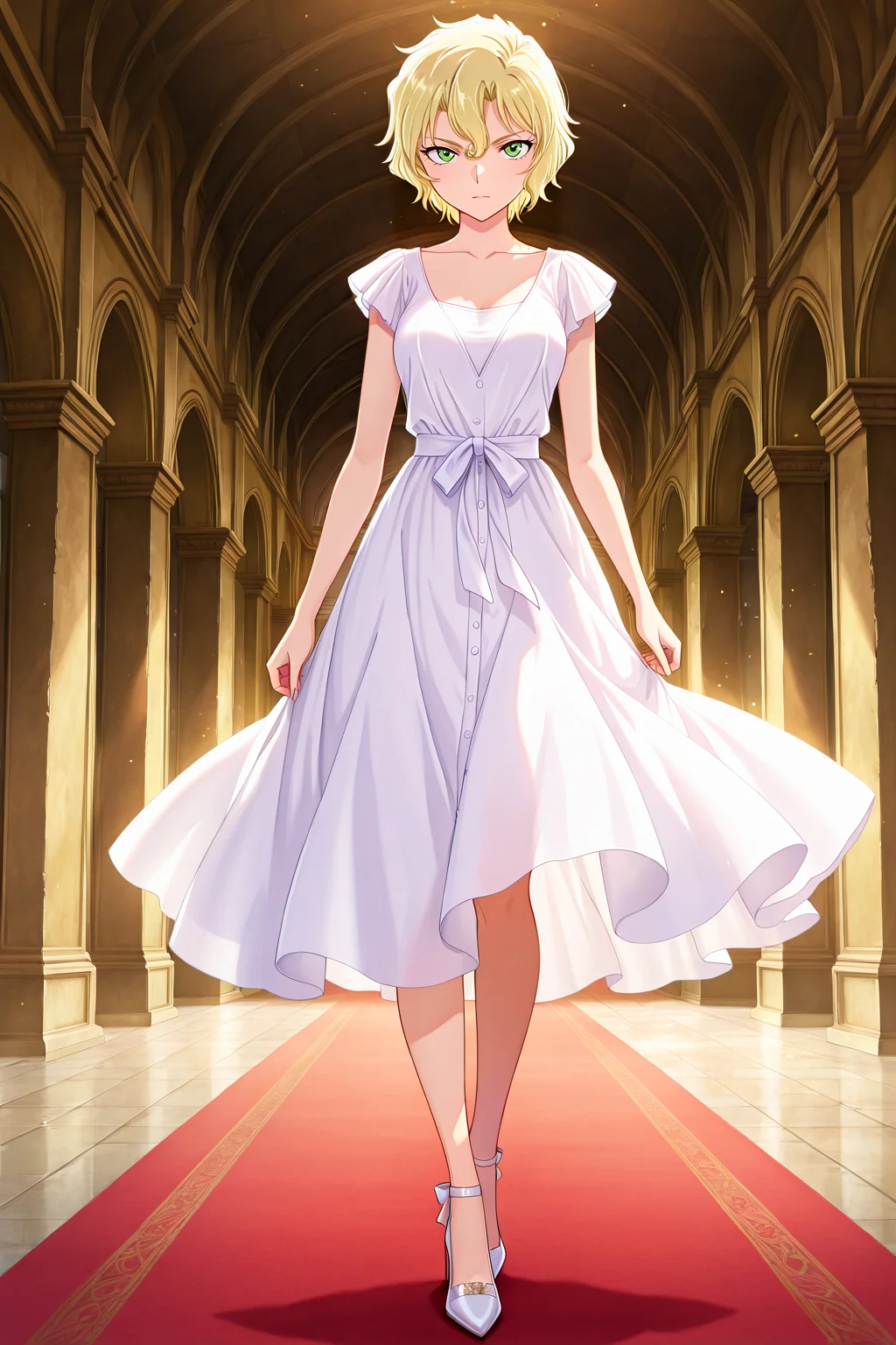front view,
1girl,looking at viewer,full body,standing,high heels,
Best quality,masterpiece,soft light,official art,high quality,highres,absurdres,epic scene,natural textures,<lora:Mary Sera IL V3:1>,mary sera,blonde hair,short hair,green eyes,white dress,