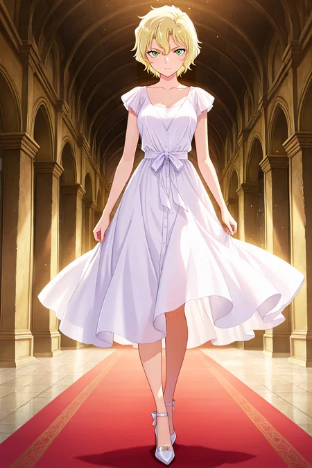 front view,
1girl,looking at viewer,full body,standing,high heels,
Best quality,masterpiece,soft light,official art,high quality,highres,absurdres,epic scene,natural textures,<lora:Mary Sera IL V3:1>,mary sera,blonde hair,short hair,green eyes,white dress,