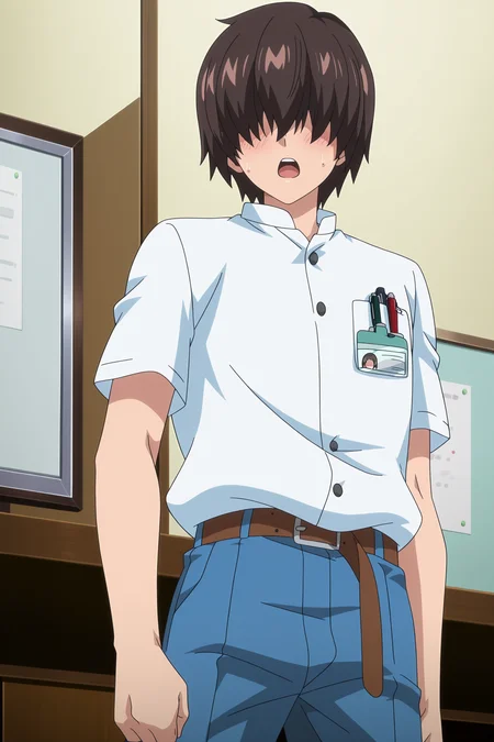 anime screencap, anime coloring, detailed face, perfect fingers, masterpiece, best quality, very aesthetic, absurdres, uncensored,
inside,
<lora:Rei_Suzukawa_Otona_Mitsuki_Kururu_Hiiragi_Sayaka_Midou_Mankitsu_Happening:1>
Keiichi Oyamada (character), 1boy, male focus, solo, shirt, pants, blush, open mouth, brown hair, hair over eyes, white shirt, belt, short sleeves, pen, sweatdrop, looking at the viewer, cowboyshot