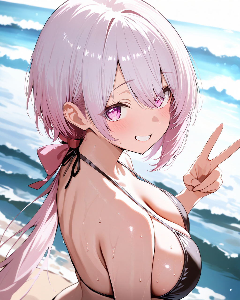 1girl,
ShiinaYuikaNijisanji,
solo, upper body, from above,
low ponytail, beautiful eyes, looking at viewer,
smile,
walking, v,
black bikini,
large breasts, wet,
seaside, summer, sunbeam, side lighting,
depth of field,
<lora:kp_ShiinaYuikaNijisanji1stCostumeAnimagineXL_v1_1:1.0>,
masterpiece, high score, great score, absurdres