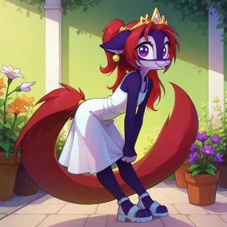 Dreamkeepers,Indi_and_Digo,1girl,solo,furry,tail,source_furry,,red hair,purple fur, purple eyes,
masterpiece, child, kid,
masterpiece, best quality, long hair, sidelocks, gold tiara, earrings, sundress, spaghetti straps, leaning forward, sandals, looking at viewer,, smile, holding flowers, garden, flower pot