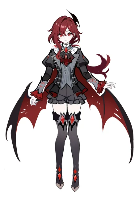 c3styl333, year 2024, masterpiece, best quality, newest, absurdres, highres, full body, white background, 1boy, red hair, long hair, low ponytail, vampire, red eyes, black outfit, tophat, bat wings, hair ornament, red gem, thigh boots, cape, shorts, frilled shorts, androgynous