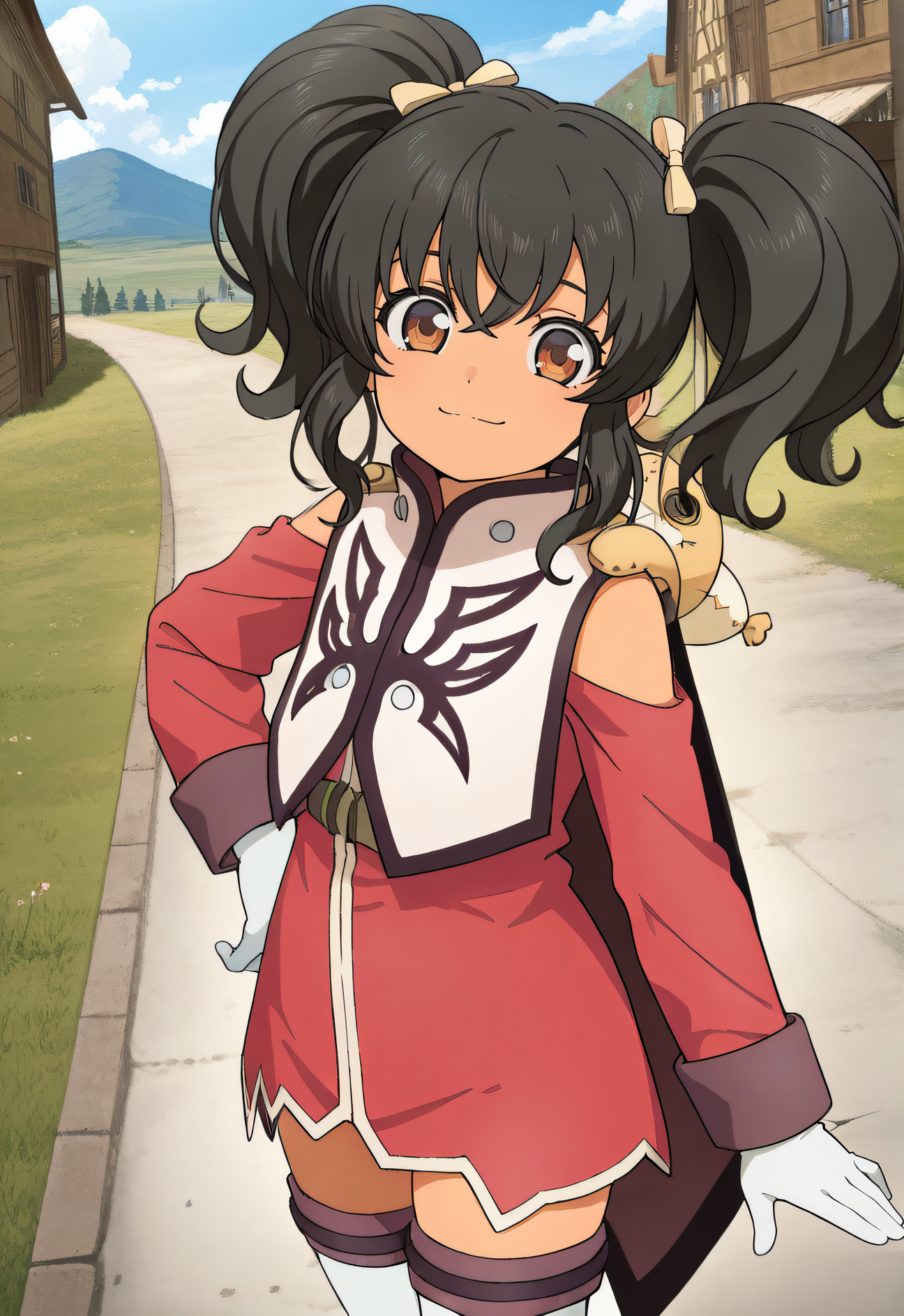 masterpiece, best quality, highres, newest, scenary, 1girl, solo, official style, <lora:Anise_Tatlin:1>, anise, black hair, brown eyes, red clothes, white gloves, doll, white thighhighs, outdoor, looking at viewer, smile, cowboy shot