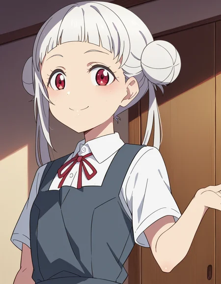 score_9, score_8_up, score_7_up, source_anime, <lora:chisato-arashi-s2-ponyxl-lora-nochekaiser:1>, chisato arashi, long hair, bangs, red eyes, twintails, white hair, blunt bangs, hair bun, double bun,, shirt, dress, ribbon, school uniform, white shirt, short sleeves, collared shirt, red ribbon, neck ribbon, pinafore dress, grey dress, summer uniform, yuigaoka school uniform,, indoors, smile, looking at viewer, solo,, cowboy shot, dutch angle