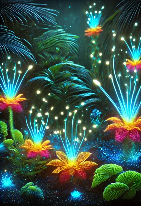 score_9, score_8_up, score_8, masterpiece, high detailed, very detailed, HD, best quality, hyper detailed, ultra detailed, super realistic, close-up, macro 100mm, macro photography,
incredibly beautiful Bioluminescent flowers in bright and saturated colors. Let it be a magical garden filled with exotic plants and bright buds. Add a soft light that creates an atmosphere of calm and harmony. Include a variety of shapes and textures of colors to emphasize their beauty and uniqueness. The background can be blurred to focus on the colors.
dynamic angle, dynamic lighting,