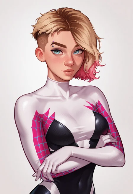 score_9, score_8_up,score_7_up, 1girl, Gwen Stacy (Spiderverse), short hair, multicolored hair, pink dip dye, asymmetrical hair, superhero suit, spider web print