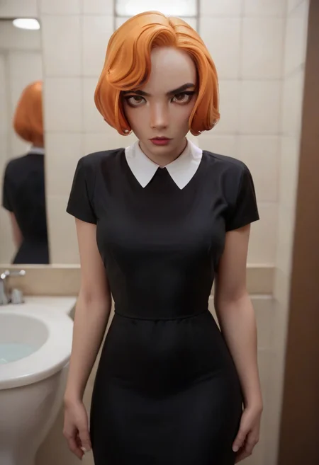 score 9, score_8_up, score_7_up, 1girl, attractive, sexy, solo, bethh, cowboy shot, looking at viewer, black dress, collared dress, bethhb, orange hair, makeup, in bathroom
