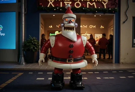 score_9, score_8_up, score_7_up, a Crazy Robotic Santa Claus rider of wild robo Motorcicle, Christmad techo city background