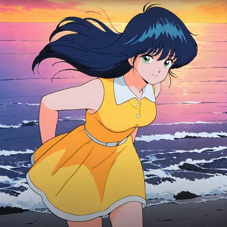<lora:KOR_MadokaAyukawaXLIllustrious002>,
masterpiece,best quality,good quality,newest,
outdoors,ocean,
smile,
looking at viewer,
solo,
MadokaAyukawa,1girl,blue hair,long hair,green eyes,
breasts,
white collared shirt,yellow dress,sleeveless,
standing,