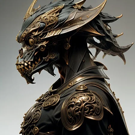 A detailed image of a metal crest featuring a dragon's head in profile with a vertical sword thrust through its skull. The dragon's head is dark bronze, detailed with scales, a prominent brow ridge, and sharp teeth, slightly raised from the base. The sword's blade is polished steel, and the hilt has silver and gold accents. The overall design is bold and three-dimensional, symbolizing strength and valor.