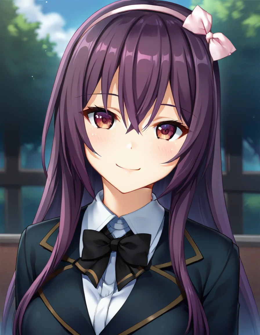 score_9,score_8_up,score_7_up,score_6_up BREAK official art,solo,outdoors,upper body,(portrait:1.5),looking at viewer,facing viewer,smile,blush,very long hair,purple hair,hairband,hair bow,white bow,sidelocks,hair between eyes,bangs,brown eyes,school uniform,black jacket,black bowtie,collared shirt,white shirt,dress shirt,long sleeves,large breasts,miniskirt,black skirt,pleated skirt,zettai ryouiki,black thighhighs,loafers,<lora:Amase Manami(cyr)-Pony:1.6>,