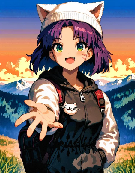score_9, score_8_up, score_7_up, score_6_up, score_5_up, score_4_up, BREAK expressive facial expression 1girl, solo, looking at viewer, smile, open mouth, short hair, shirt, long sleeves, hat, holding, animal ears, green eyes, jacket, purple hair, :d, outdoors, sky, day, cloud, cat ears, bag, blue sky, white headwear, facial mark, backpack, reaching, mountain, beanie, reaching towards viewer, animal hat, whiskers, cat hat, animal ear headwear