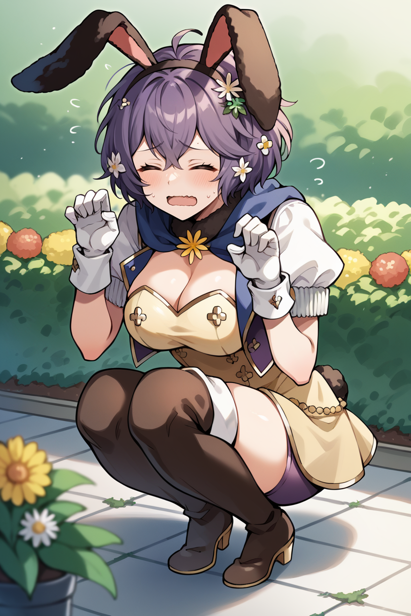 score_9, score_8_up, score_7_up, score_6_up, source_anime, 1girl BREAK <lora:bernadetta-pdxl-nvwls-v1:1> sprBernie, messy hair, hairband, fake animal ears, fake rabbit ears, hair flower, yellow dress, white gloves, puffy short sleeves, thigh boots, squatting, bunny pose, closed eyes, wavy mouth, open mouth, blush, garden, flowers, big breasts