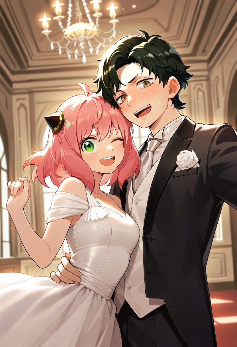 masterpiece,best quality,amazing quality, damian desmond, anya forger, green eyes, pink hair, hairpods, short hair, black hair, brown eyes, 1girl, 1boy, chandelier, aged up, dress, one eye closed, white dress, smile, looking at viewer, hetero, open mouth, formal, indoors, ahoge, blush