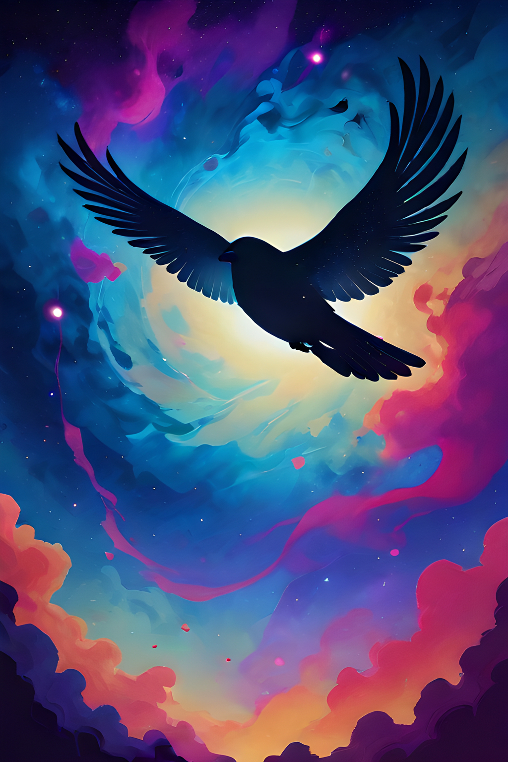 score_9,score_8_up,<lora:Turbo_XL:1>,<lora:inner_galaxy-05:1>,inner_galaxy,
silhouette,
space background,
bird,wings,crow,flying,
(cosmic,stars,celestial,galaxies,nebulas,planets,science fiction,highly detailed:1),