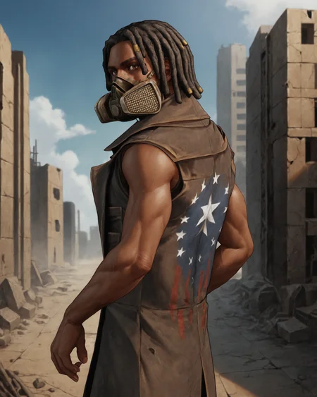 score_9, score_8_up, score_7_up, rating_questionable, intricately detailed, high resolution,<lora:Ulysses_Fallout_New_Vegas:0.8>, realistic,
1boy(u1ysses, ulysses_coat, ulysses_mask, african, dark brown skin, black hair, dreadlocks, sleeveless, brown leather coat, bandolier, undershirt with holes, muscular, cowboy shot, solo, looking at viewer), ,
postapocalyptic wasteland, ruined city, ruins, outdoors,
side view,
<lora:ral-chrosc-clr:0.7>, ral-chrosc-clr,
<lora:Expressive_H:0.5>
<lora:xl_more_art-full_v1:0.3>,
<lora:add-detail-xl:0.3>