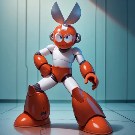 realistic, masterpiece, best quality, newest, absurdres, highres, cutman, solo, full body, 1boy, robot, robot joints, colored skin, v-shaped eyes, blue eyes, no humans, BREAK, science fiction, laboratory