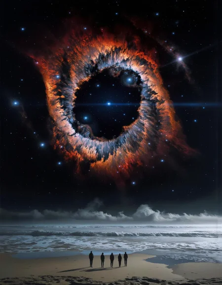 A photo-realistic depiction of a cosmic scene featuring a large, swirling, multicolored nebula in the center of the image, surrounded by a vast expanse of stars and galaxies. the nebula appears to be glowing with a mix of blue, orange, and red hues, resembling a starry night sky, and is illuminated by a bright, ethereal light. in the foreground, four silhouettes of four people stand in a line, facing the same direction, standing on a serene beach with the ocean stretching out in front of them. the beach appears calm and reflective, with the waves gently lapping against the shore. the sky is dark and filled with stars, and the atmosphere is one of awe and wonder, with a sense of wonder and awe at the vastness of the universe. <lora:landscape:1>