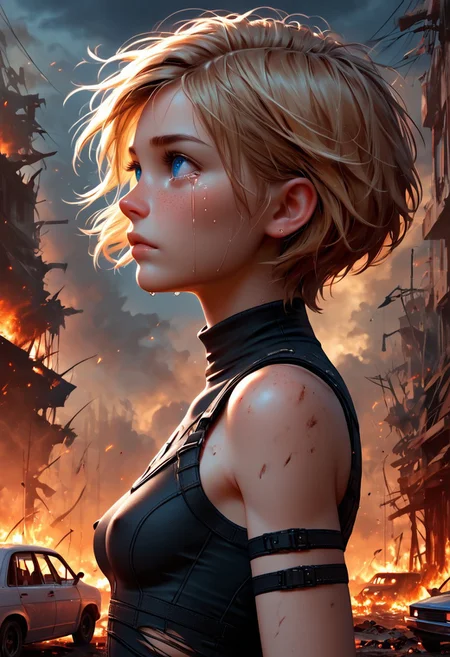 1girl, Masterpiece, 4k, ultra high detail, score_9, score_8_up, score_8, petite, medium breast, short blonde hair, fcNeg, stunning blue eyes, freckles, white skin, small nose, innocent beauty, slim face, skinny petite body,
Torn sport clothes
Dark sky, burning sky, nighttime, night,
Fear in her eyes, crying,
Sideview, Apocalyptic scene, burning skyscraper, burning city, derstroyed cars, a huge asteroid swarm in the sky,
Many asteroids in the sky,
End of the World,
negative_hand, NightScapes,