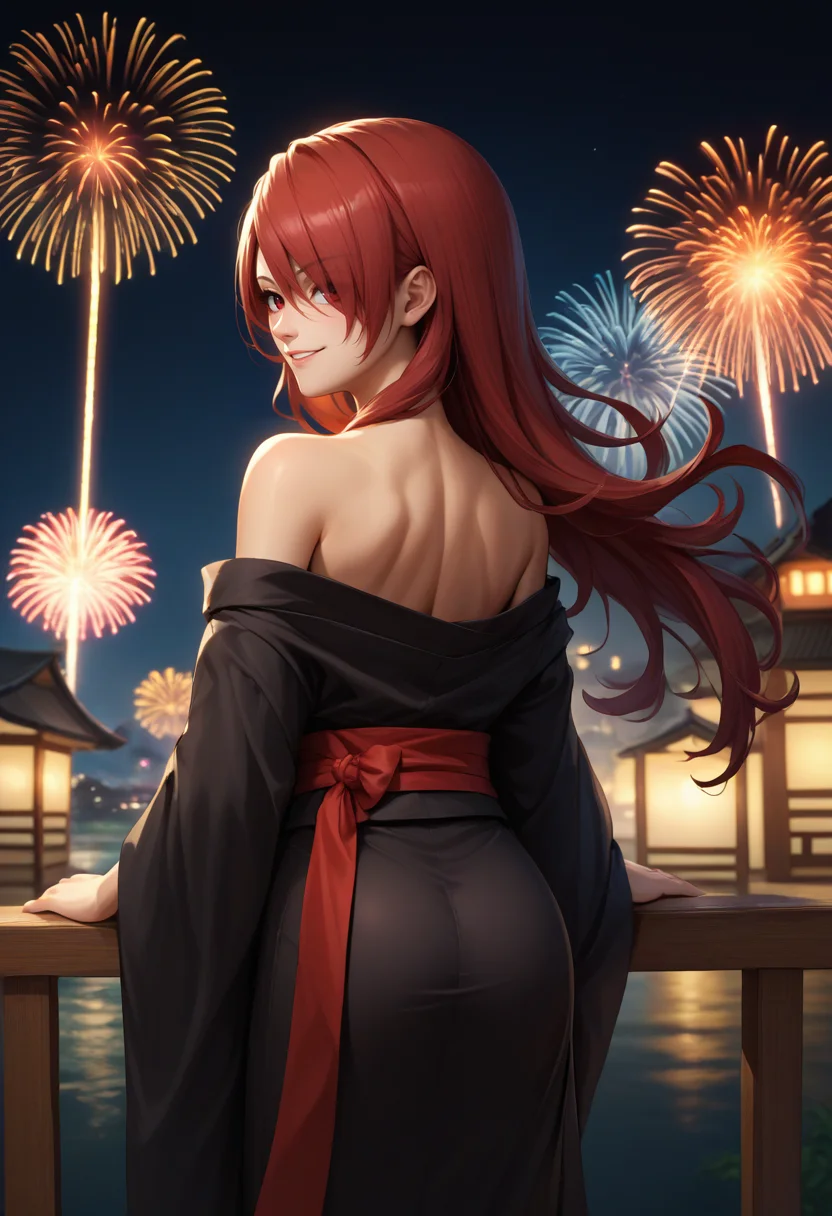 score_9, score_8_up, score_7_up, source_anime, from behind, solo, 1girl, kirijoarena, smile, looking back, hair over one eye, black kimono, off shoulder, red sash, bare shoulders, fireworks <lora:persona3_kirijou_ponyXL:1>